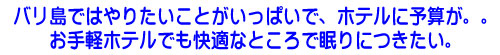 バリ島ではやりたいことがいっぱいで、ホテルに予算が。。お手軽ホテルでも快適なところで眠りにつきたい。